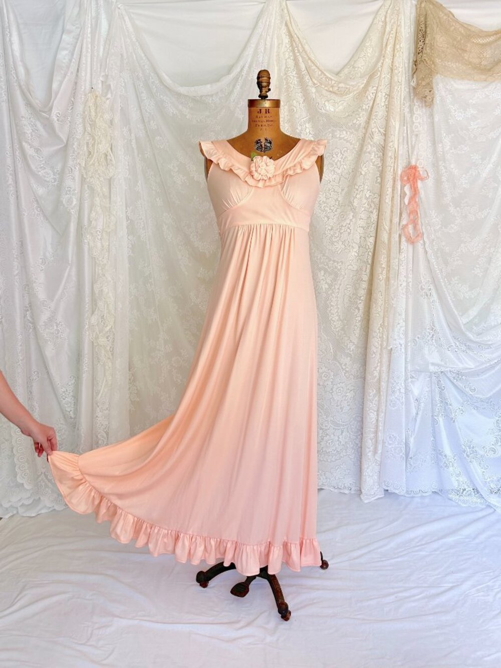 Vintage Peach Maxi Dress, Ruffle Neck Empire Waist, Romantic Bridesmaid Gown - Picture 5 of 9